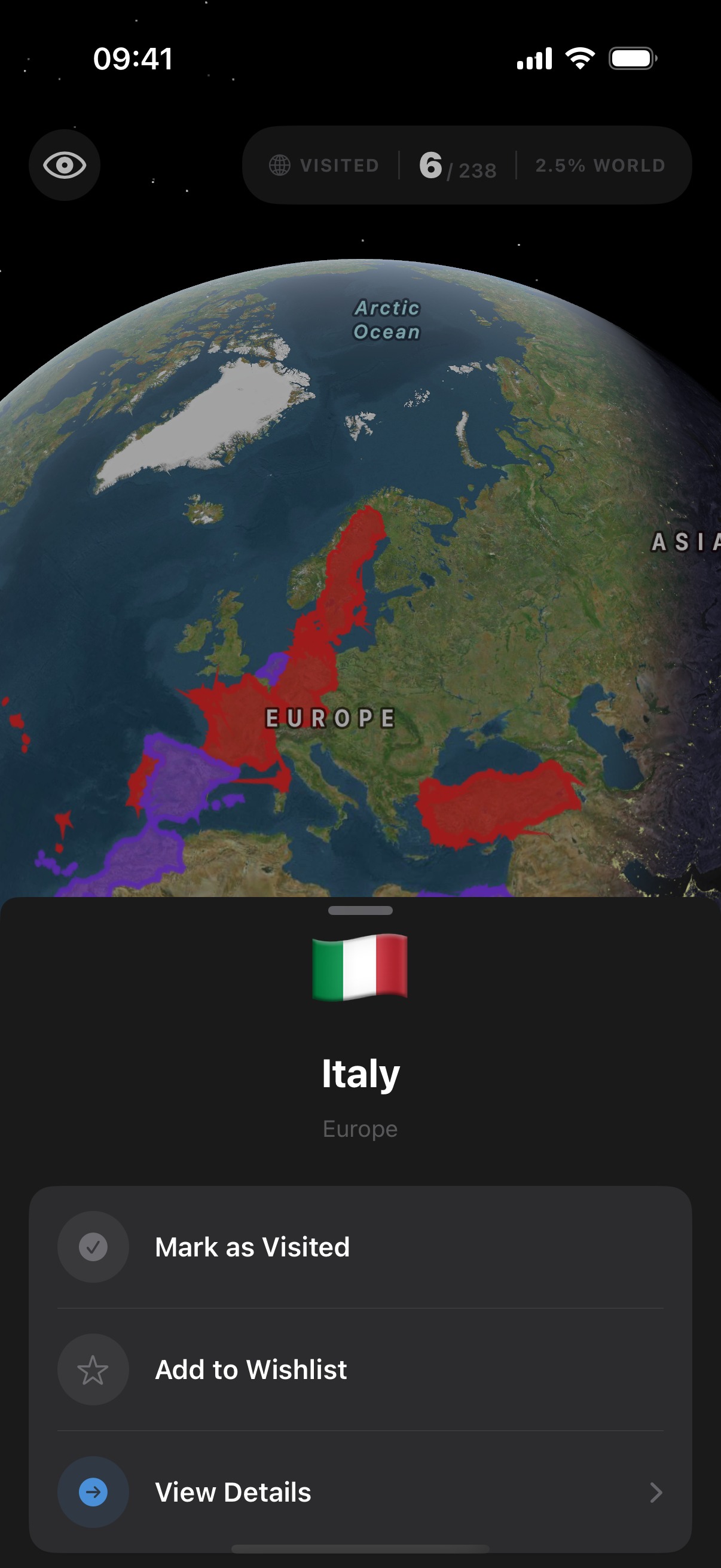 Country action sheet — Italy, Mark as Visited / Add to Wishlist