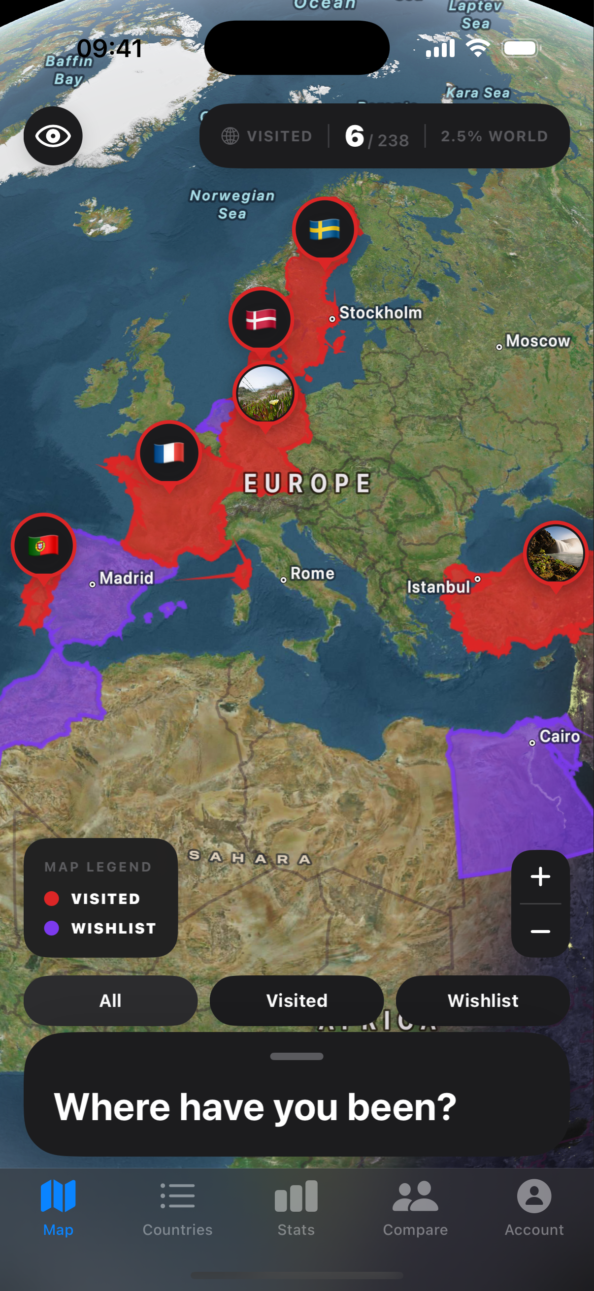 Wandova iOS app — interactive MapKit world map with visited countries in red and flag annotations, wishlist in purple